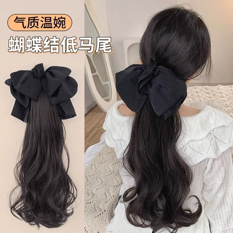 假马尾女抓夹式长卷发大波浪低扎马尾网红蝴蝶结发饰仿真发假辫子