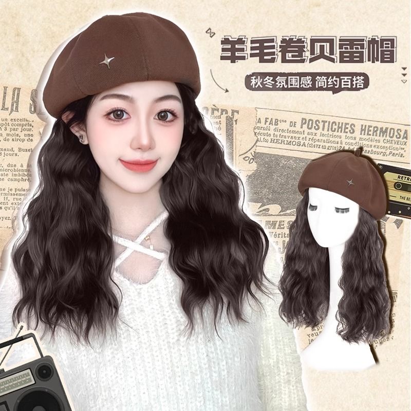 贝雷帽子假发女长发一体时尚2023新款秋冬长卷发全头套女假发帽子