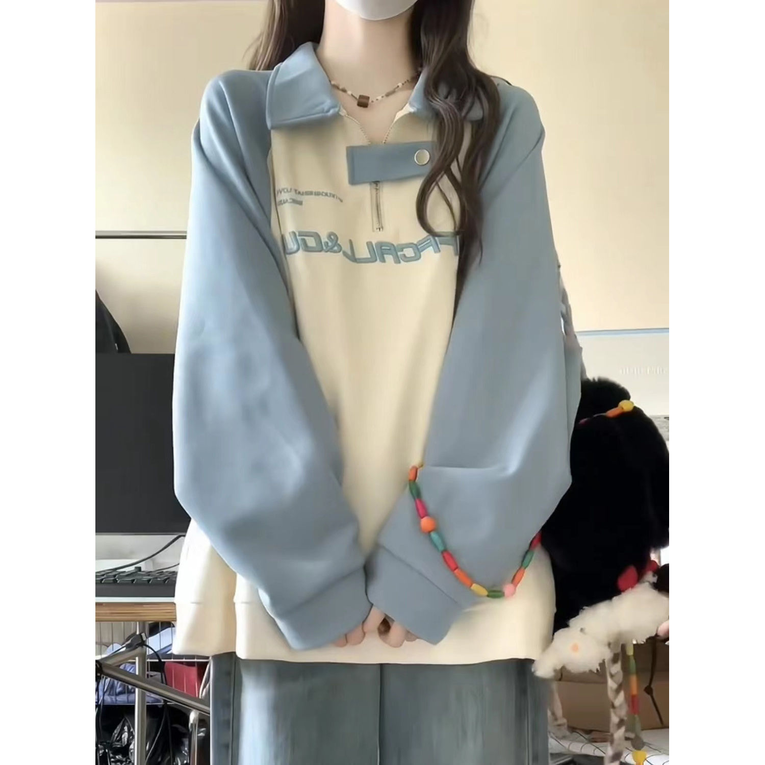 半拉链polo领!!!【韩系校园风】美式复古插肩袖卫衣女INS韩版上衣