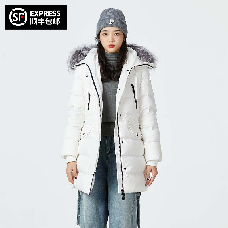 蒙口冬季中长款时尚舒适连帽羽绒服男冬季保暖时尚纯色高端外套女