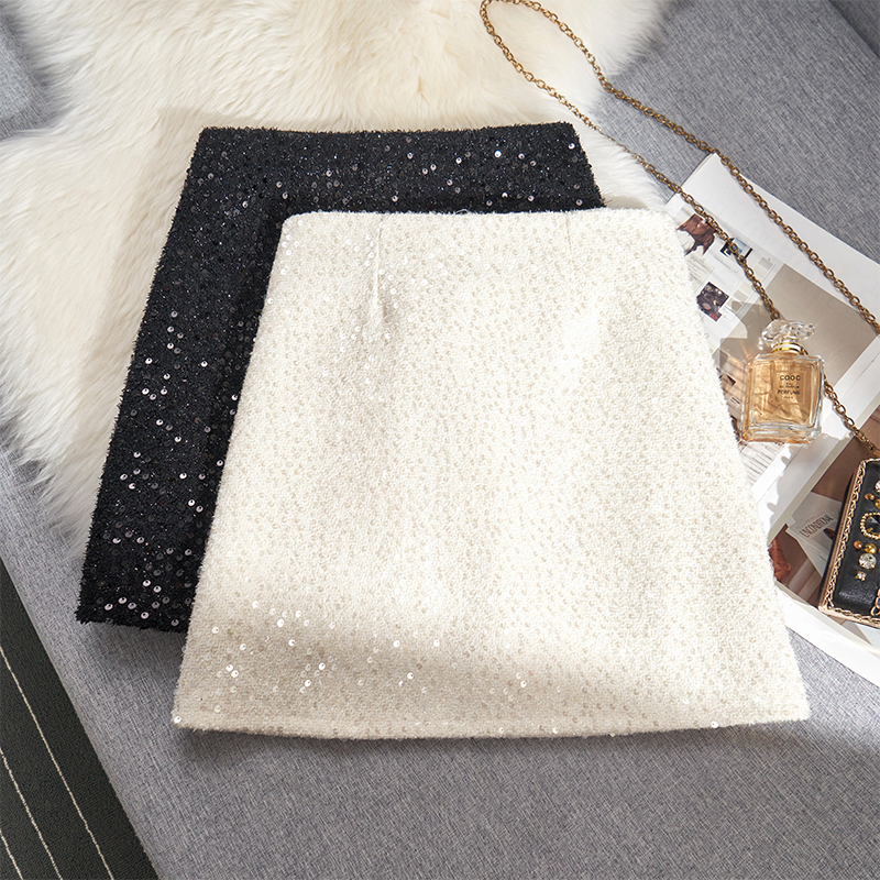 秋冬小香风甜美温柔百搭亮片毛呢半身裙女高腰显瘦a字短裙包臀裙