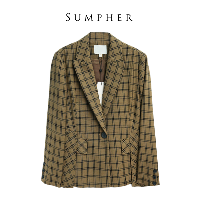 华人某杰2024秋专柜折扣精选女装新款女士咖啡格子百搭外套-860L