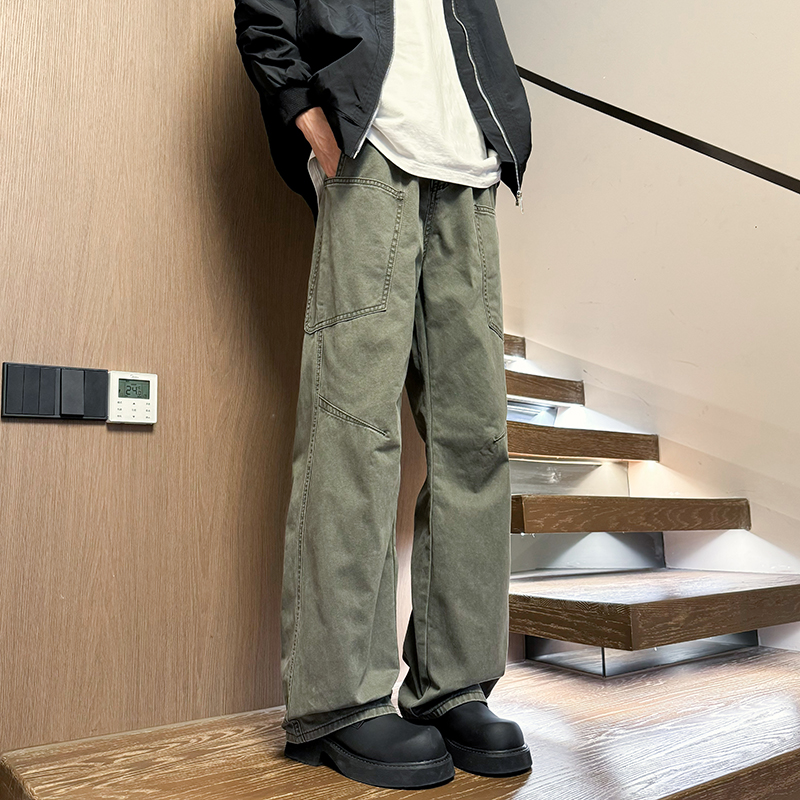 2025新款水洗全工艺褪色弯刀工装裤美式潮流宽松百搭高街牛仔裤