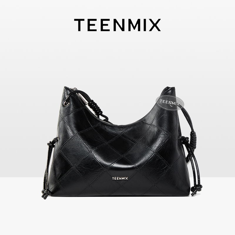 天美意包包女2025新款风感波粒菱格托特包牛皮水桶包单肩包