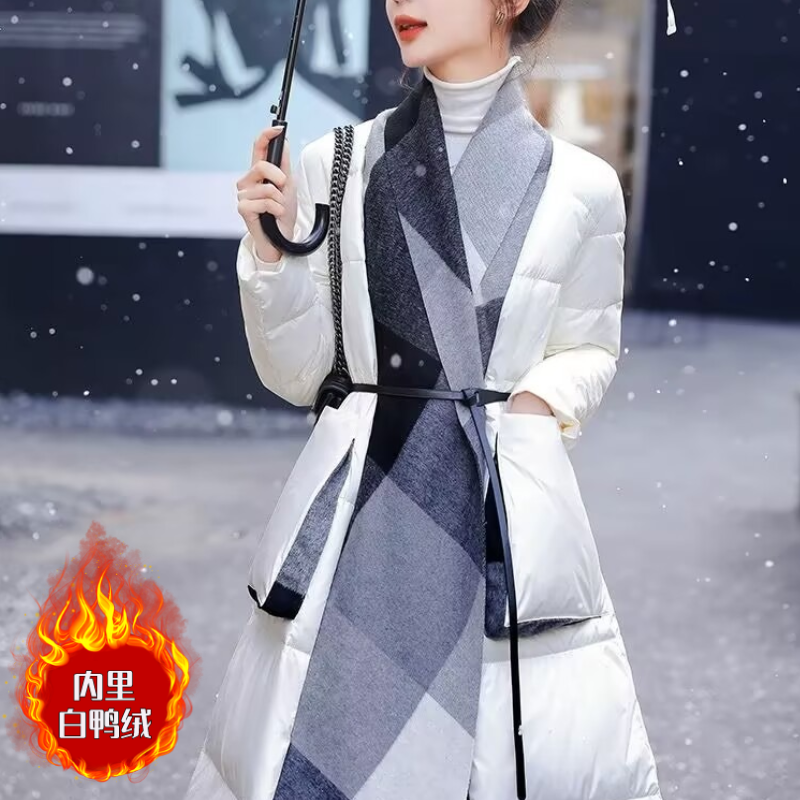 拼接羽绒服女长款冬季小众洋气轻薄白鸭绒外套PH03