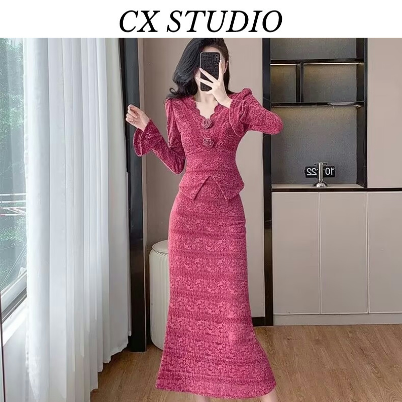 v领立体提花蕾丝上衣高腰半身裙两件套时尚洋气套装W9657