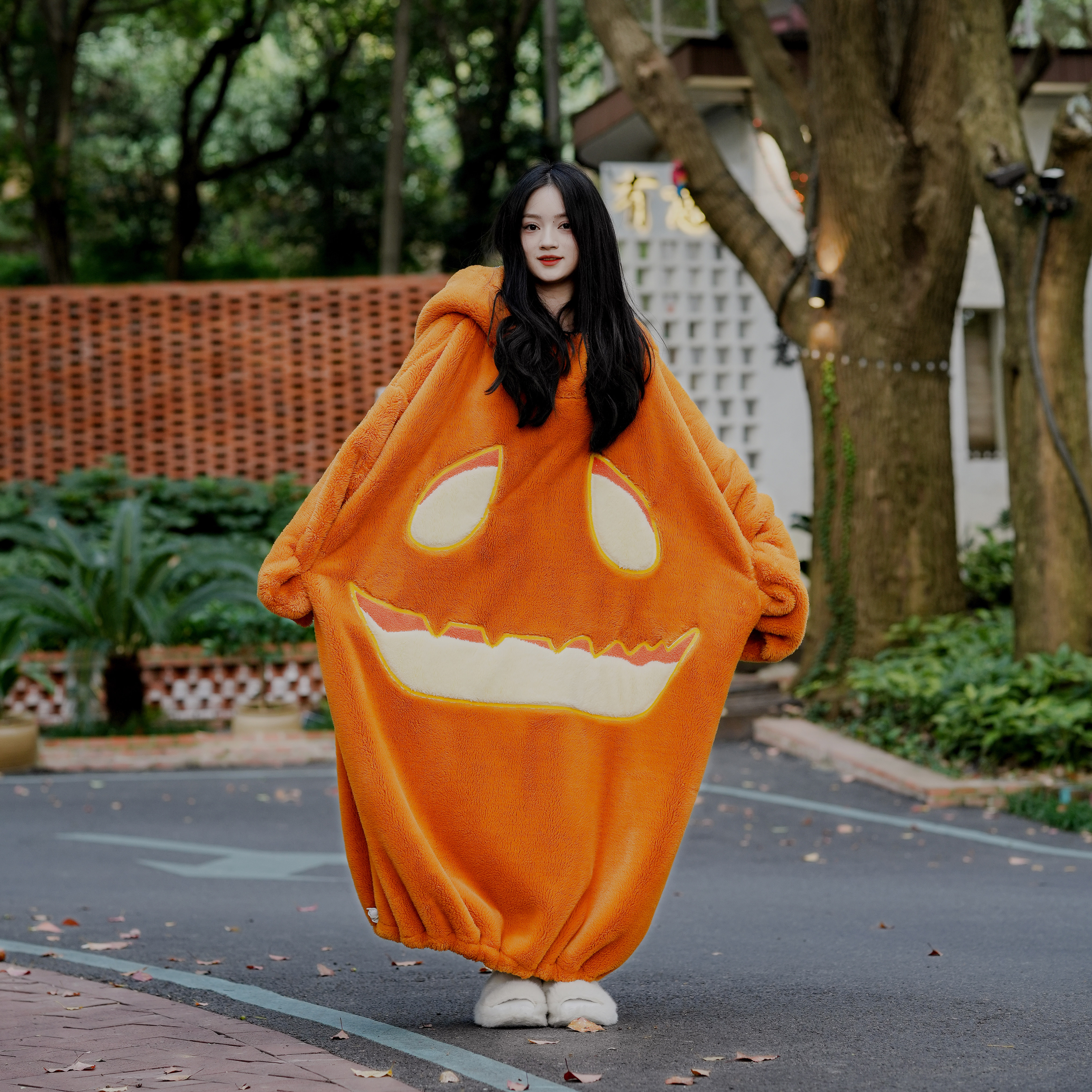 万圣节南瓜头加绒加厚秋冬季男女可穿连帽宽松大码睡衣睡袍家居服