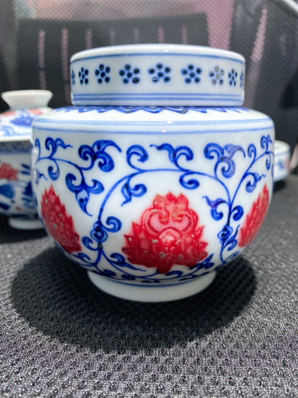 景德镇纯手工青花釉里红肚径10高10精品缠枝莲茶叶罐