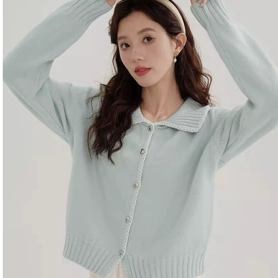 蓝色短款毛衣开衫女2024早秋新款小外套内搭甜美针织衫上衣