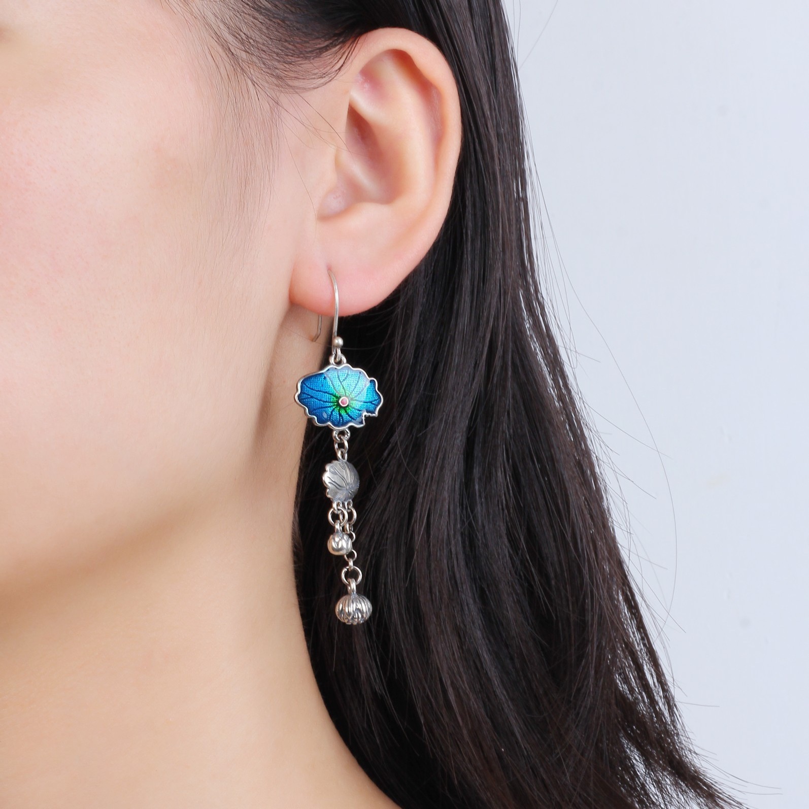 925银耳饰 古风手工珐琅彩莲叶流苏中国风气质时尚耳坠长款  012