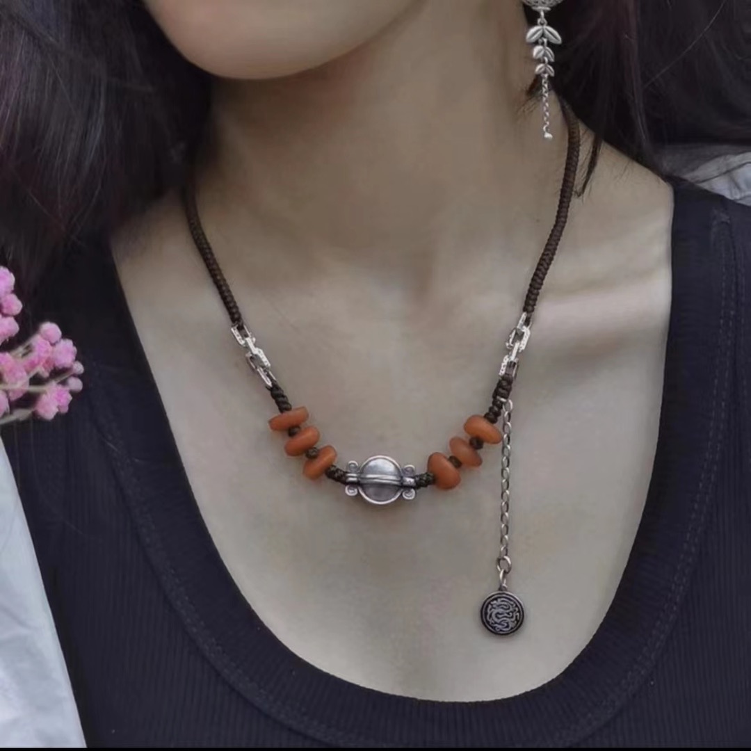 S925银天然琥珀蜜蜡真品糖果项链民族风256老蜜蜡