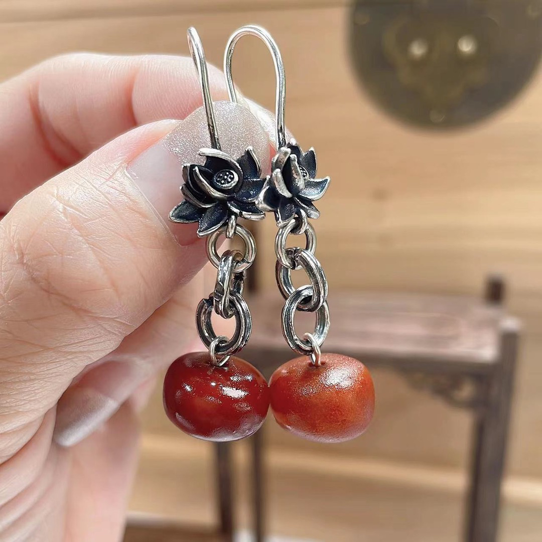 s925银手工复古古风国风民族风天然琥珀蜜蜡莲花百搭耳坠耳饰 249