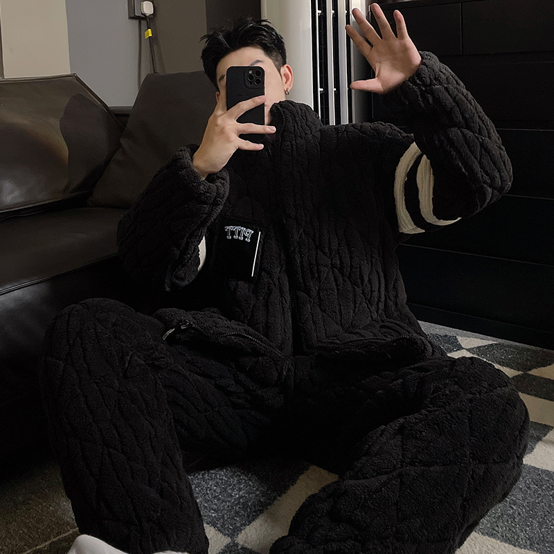珊瑚绒睡衣男冬季加厚加绒三层夹棉袄保暖大码男士冬天家居服套装