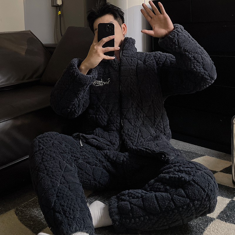 男士睡衣冬季三层夹棉加厚简约字母青少年男秋冬珊瑚绒家居服套装