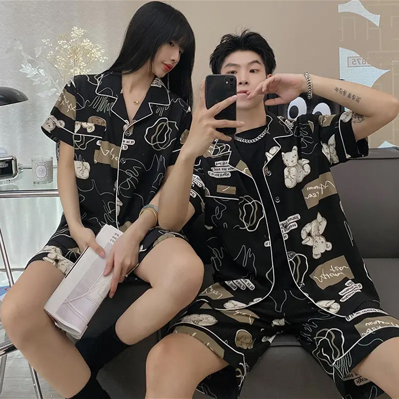 情侣睡衣夏季卡通棉质短袖短裤薄款夏天款男女士青少年家居服套装