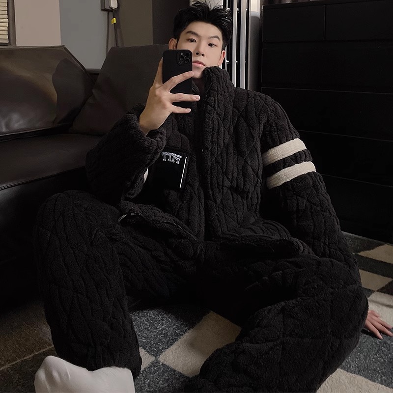 珊瑚绒睡衣男冬款2023新款加厚加绒三层夹棉袄冬季男士家居服套装