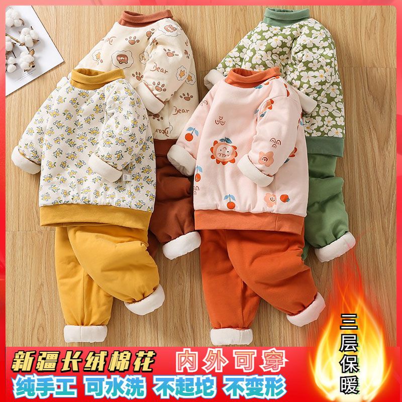 纯手工棉花衣套装冬季家居棉服袄裤子男女中小宝宝加厚绒保暖神器