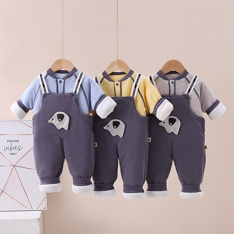 婴儿薄棉背带裤套装春秋薄棉6个月8宝宝夹棉背带裤套装春秋季薄棉