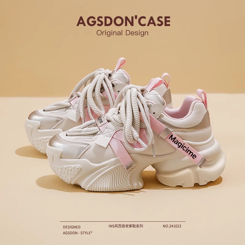 奥古狮登粉色厚底老爹鞋女2025新款秋季小个子增高显脚小运动鞋