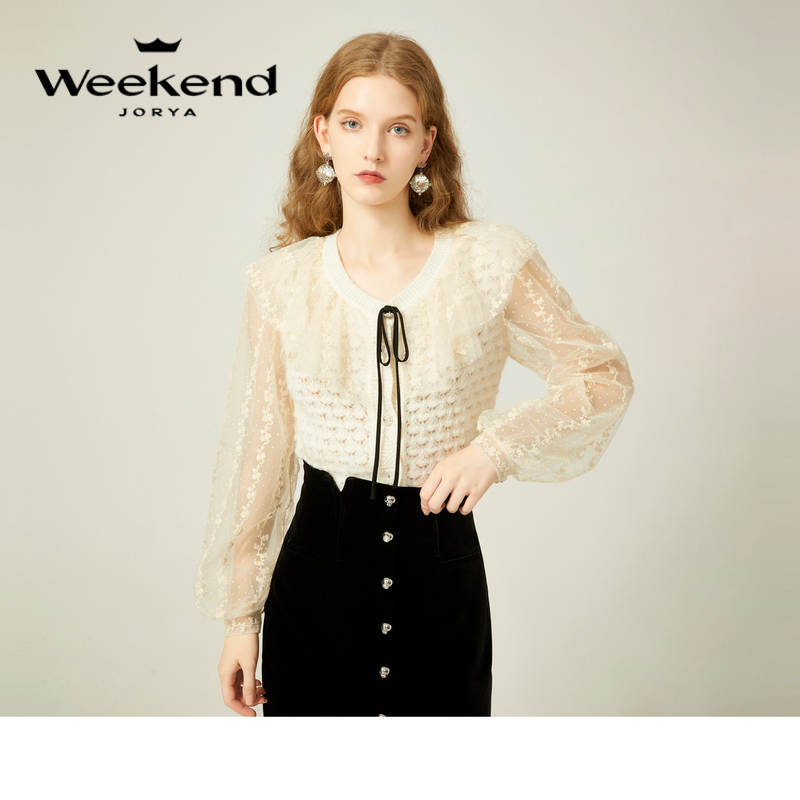 卓雅周末新款气质荷叶边网纱拼接镂空时尚针织小香风上衣EJWDDF70