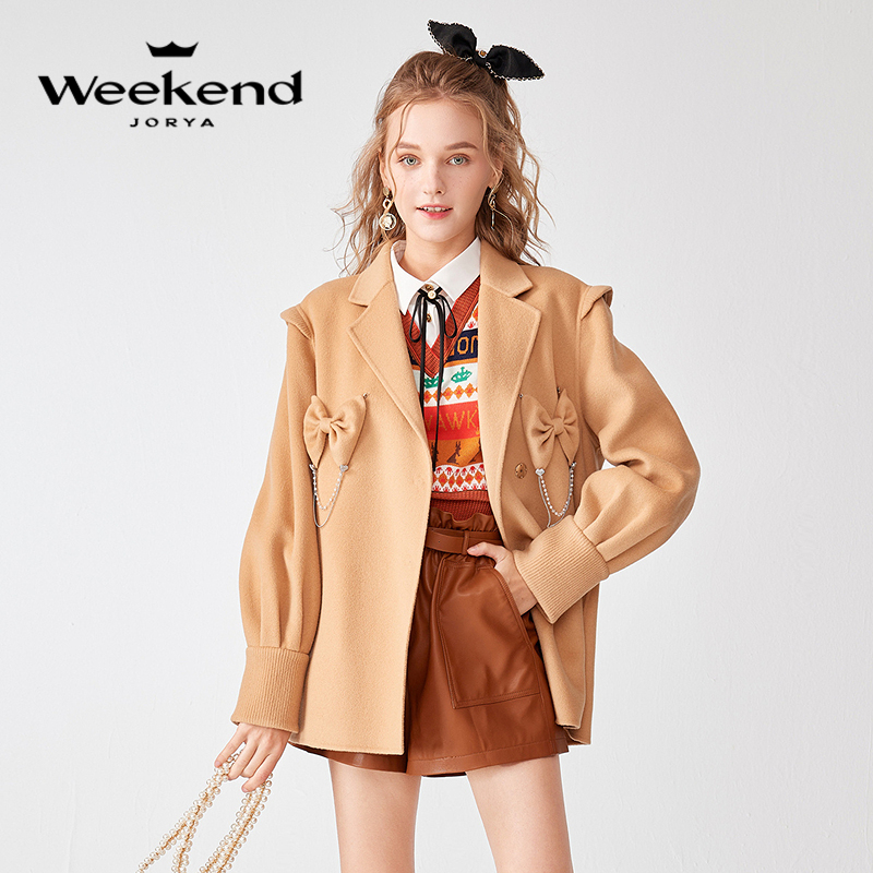 卓雅周末秋冬季新款甜美翻领立体链条蝴蝶结毛呢外套女EJWCDC11