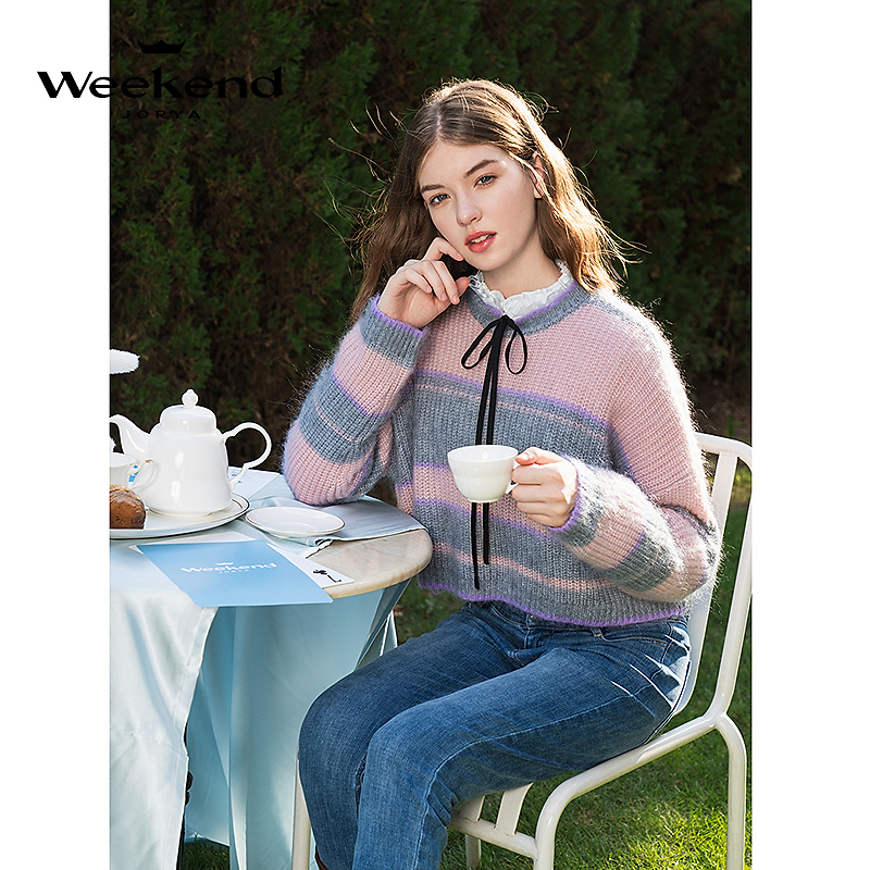 卓雅周末24秋季新款圆领撞色条纹落肩绵羊毛马海毛针织衫Q240952C