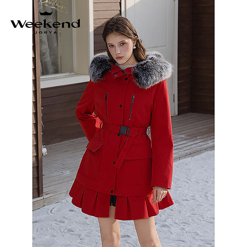 卓雅周末24冬季过年连帽荷叶边羽绒内胆红色派克服外套Q260815A