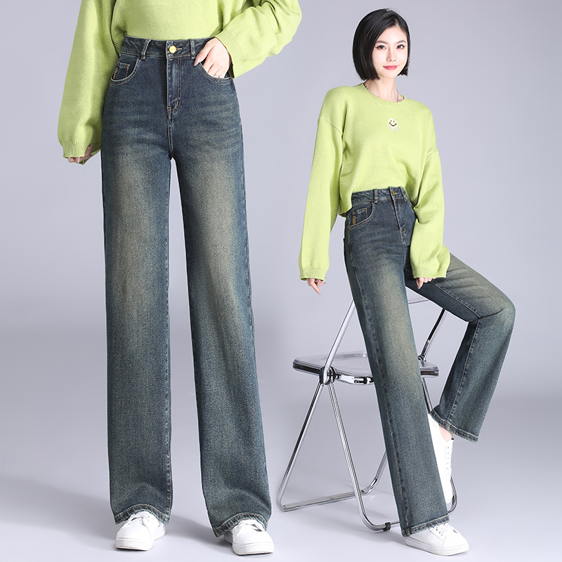 【嘉越】窄版直筒牛仔裤女秋装2023年新款高腰复古小个子阔腿宽松女