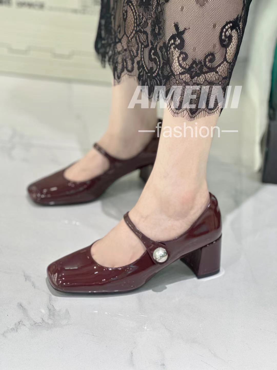 方根牛皮不累脚小跟鞋