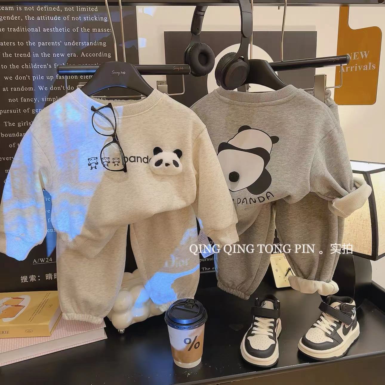 【商场同款货少】男女童春秋洋气套装韩系秋冬装加绒款立体熊猫套装