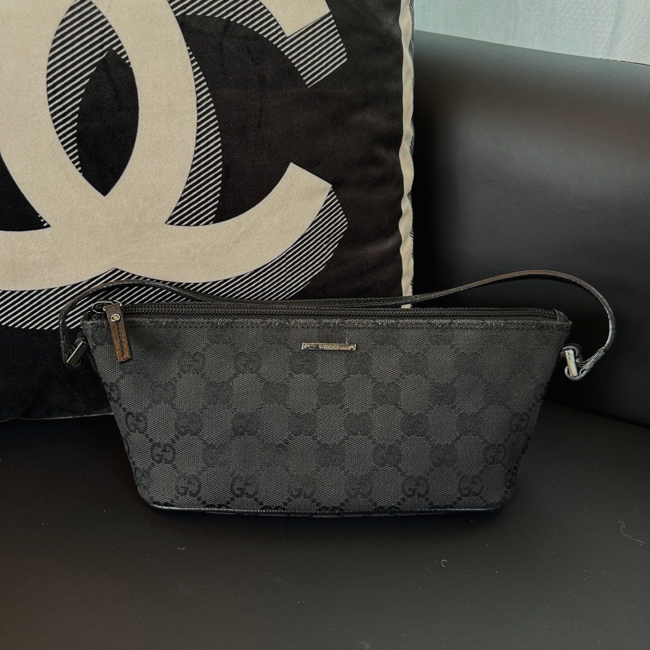 95新 GUCCI/古驰 黑色老花满印单肩腋下包