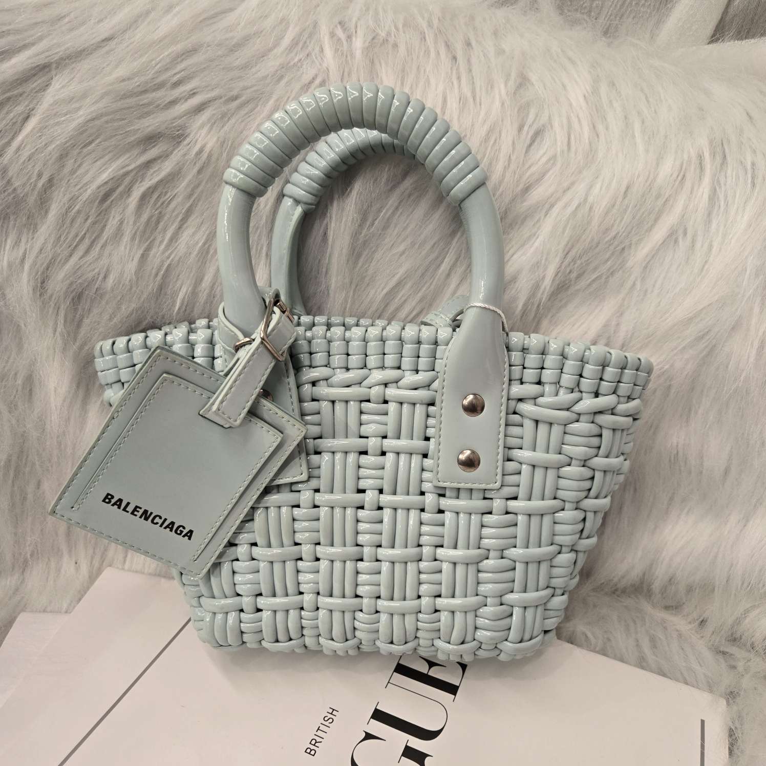 99新 Balenciaga/巴黎世家 薄荷绿编制菜篮子单肩斜挎包
