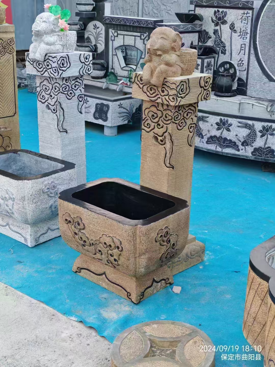 石雕流水摆件仿古做旧效果创意庭院摆件高档材质摆件手工复古款式