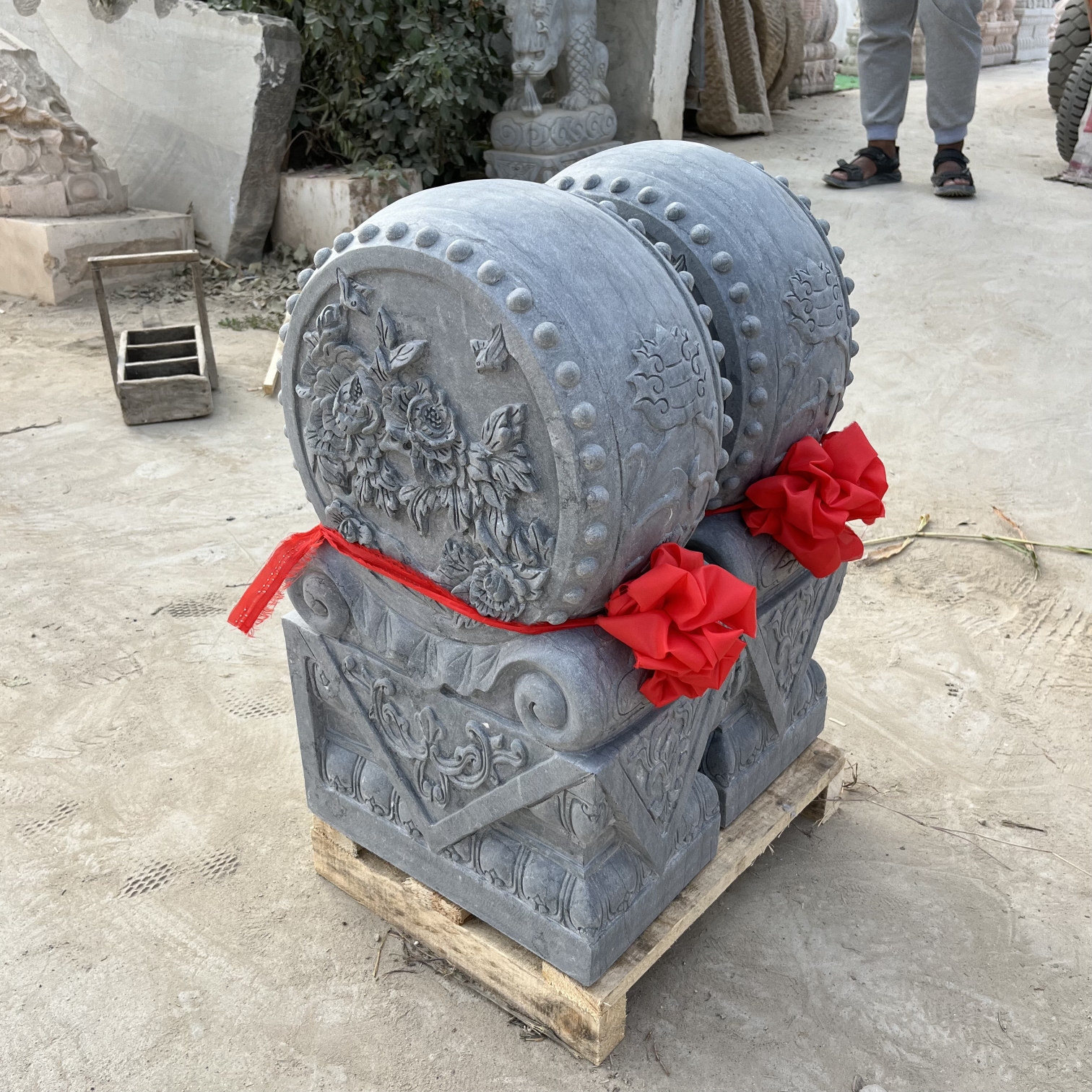 石雕室内门墩抱鼓石青石材质花开富贵门口摆件手工复古摆设雕刻