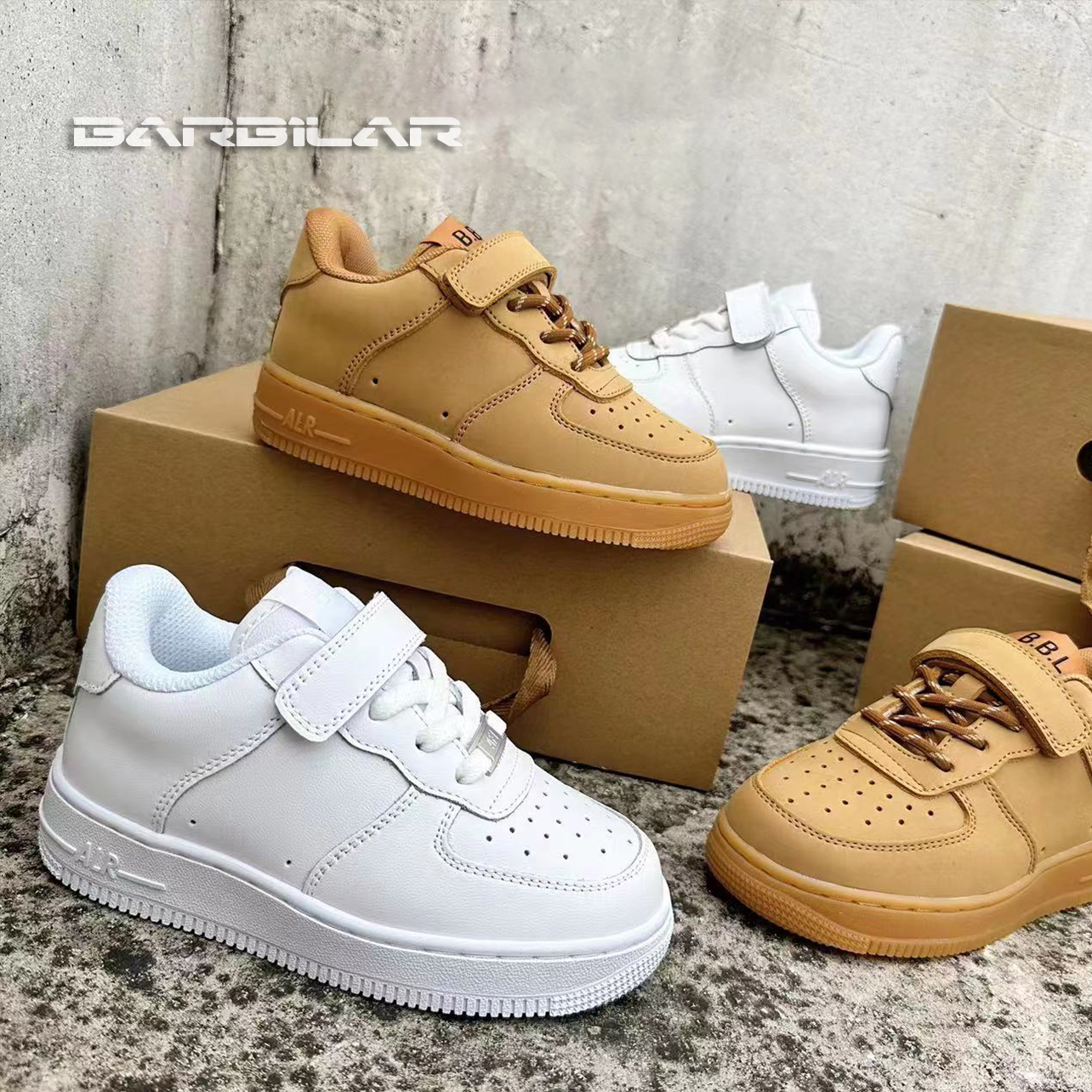 BARBILAR牛皮童鞋儿童小白鞋春季高邦板鞋中大童空军白色低帮板鞋