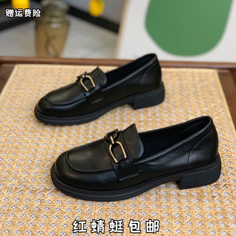 红蜻蜓牌英伦风小皮鞋软底一脚蹬乐福鞋新款百搭平底黑色单鞋