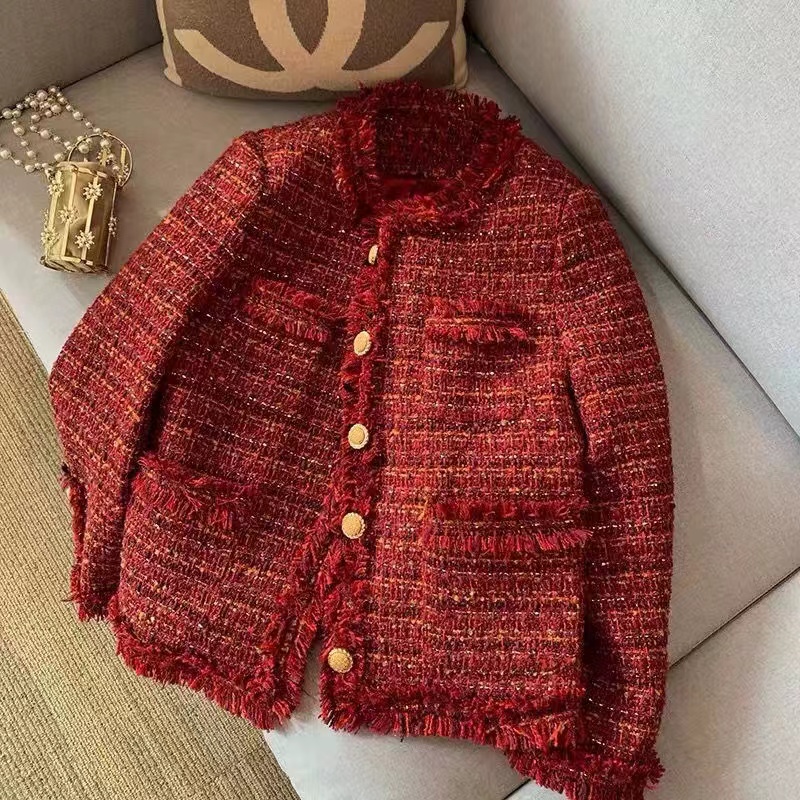 2025秋冬新款爆款小香风红色粗花呢夹棉上衣气质高级感外套A51655