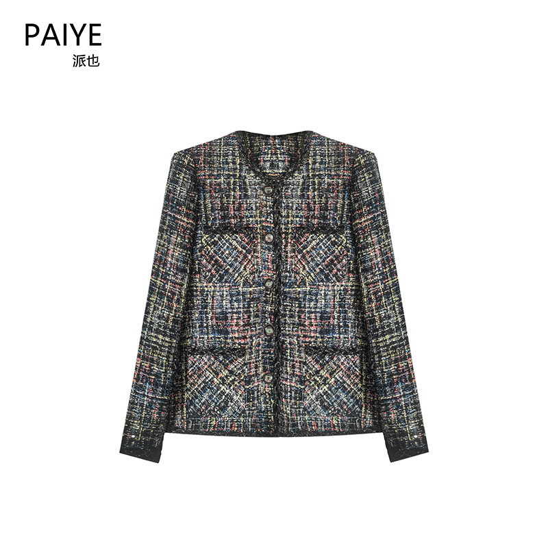 新国标90白鸭绒羽绒内胆重工时尚粗花呢上衣花色编织毛呢A72067