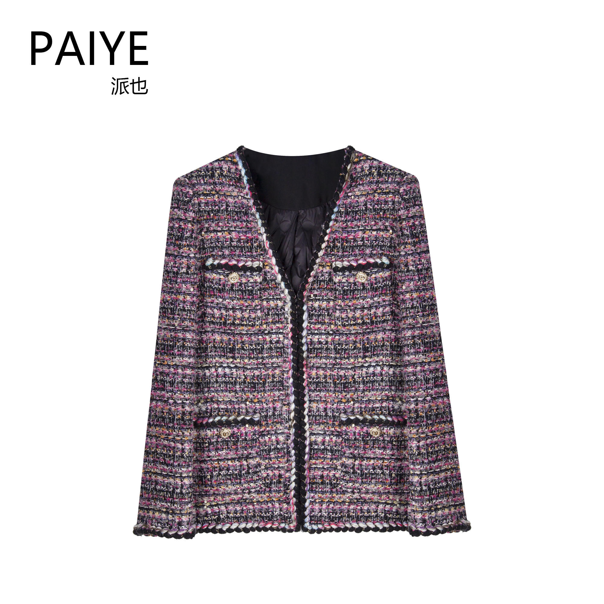 90白鸭绒【紫苏】气质黑色植绒花纱编制冬季小香风羽绒服外套A78059