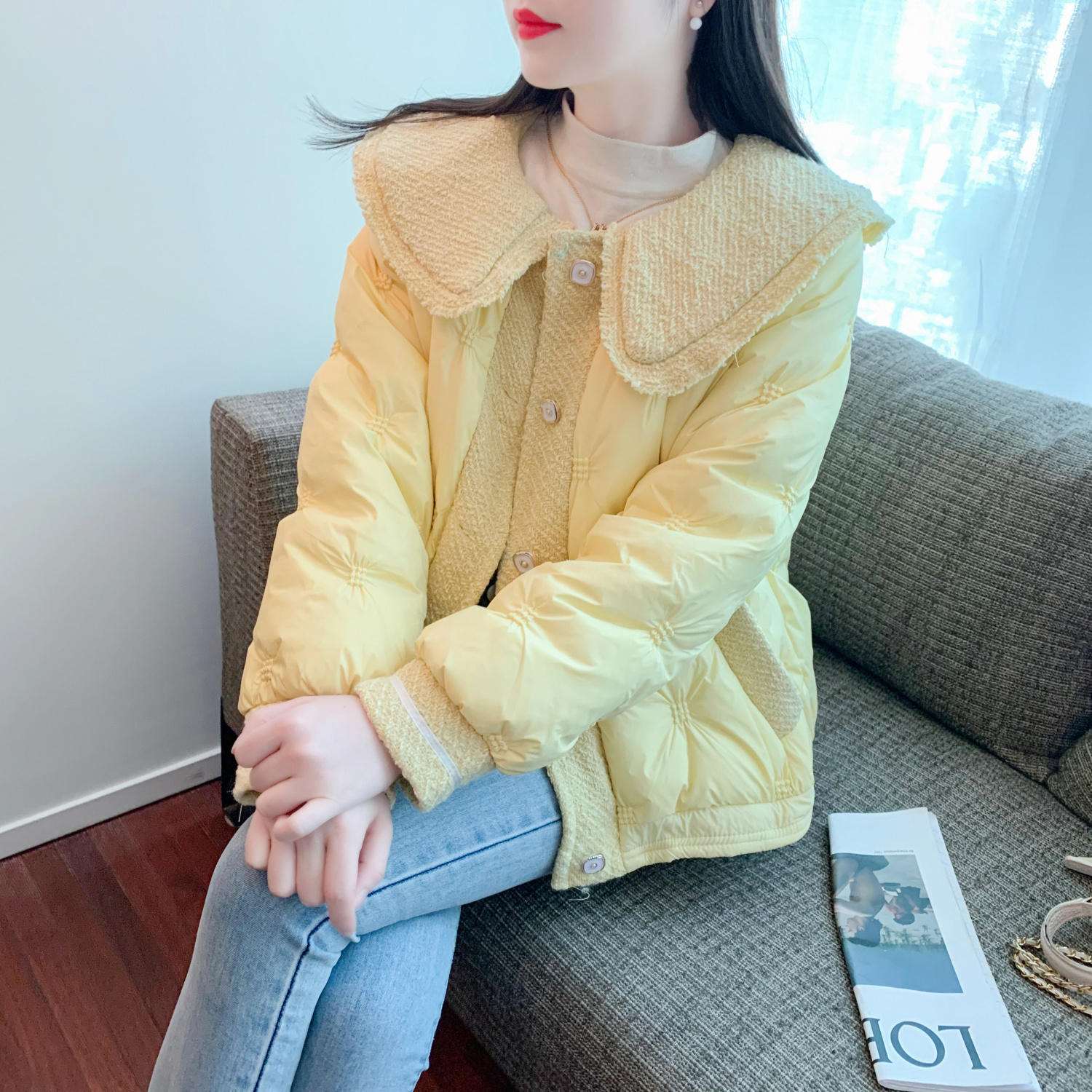 白绒小香风娃娃领羽绒服外套女2023冬季新款韩版设计感显瘦上衣