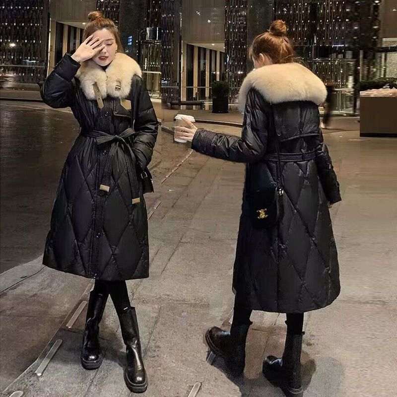 大毛领羽绒服女冬2023年新款显瘦时尚洋气中长款过膝鸭绒外套收腰