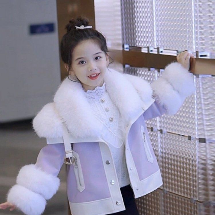 女童仿皮草外套2024秋冬季装公主儿童款毛毛加绒加厚机车皮衣夹克