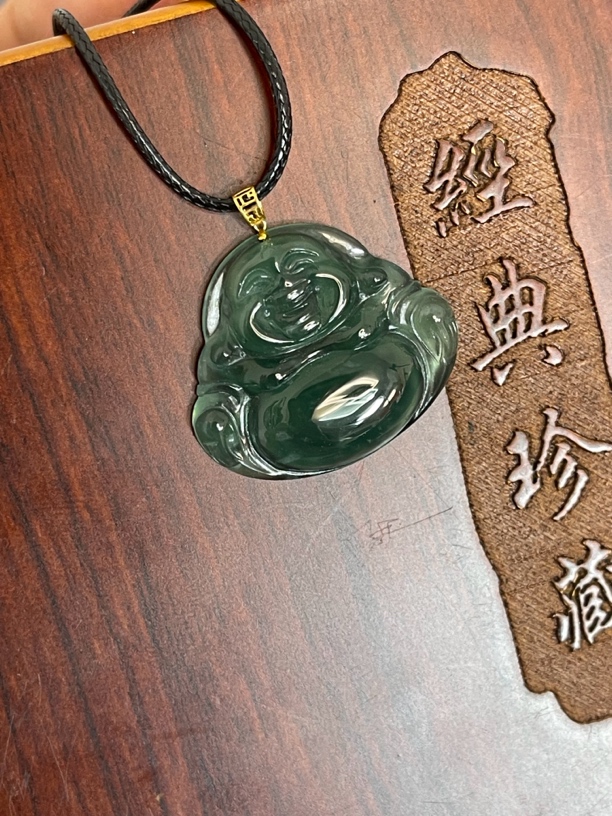 正品天然翡翠A货高冰佛公18K扣头镶嵌经典