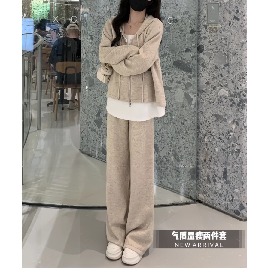 慵懒风时尚套装春秋新款连帽假两件拼色卫衣显瘦休闲两件套W0550T