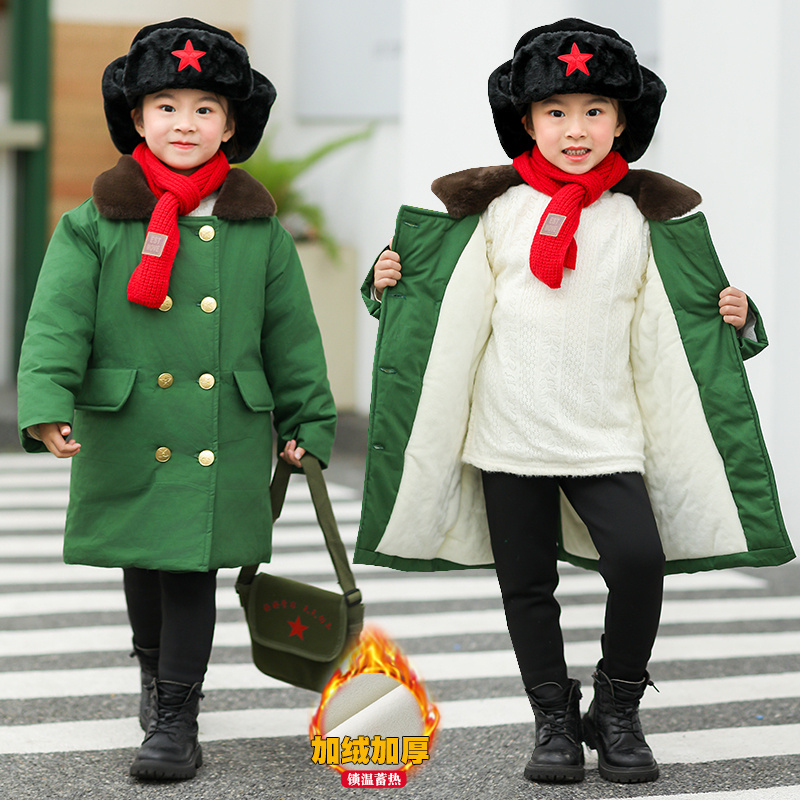 儿童军大衣棉袄冬款宝宝军绿色棉衣中长款男女童时尚加绒军大衣