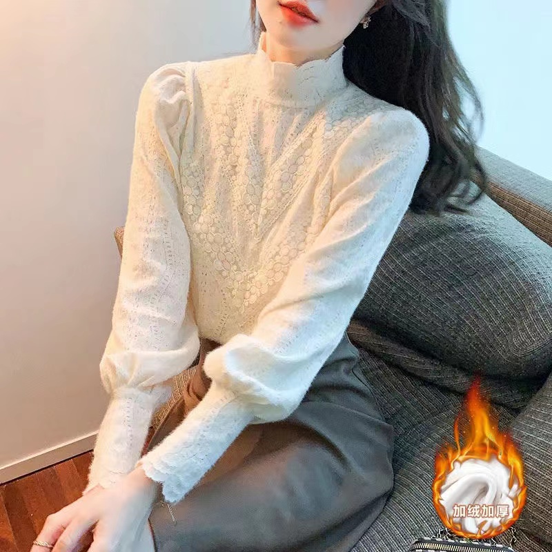 时尚百搭蕾丝打底衫女秋冬新款加绒加厚洋气保暖上衣长袖修身小衫