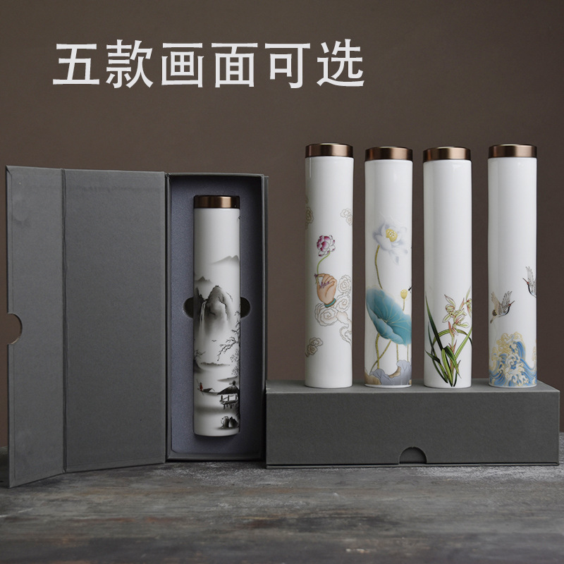 新款圆形陶瓷线香筒精美金属带盖贴花檀香佛香筒包装筒插香筒A24