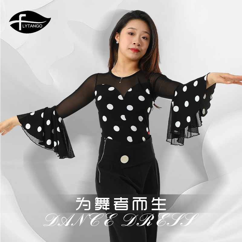 【飞探戈】】摩登舞上衣女网纱喇叭袖新款l练习服国标舞黑白长袖