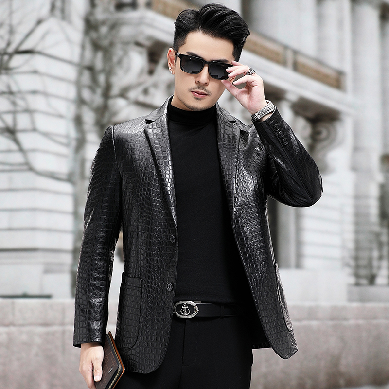 貂博士高档鳄鱼纹时尚绵羊皮西装春秋皮衣男中青年修身皮夹克薄款