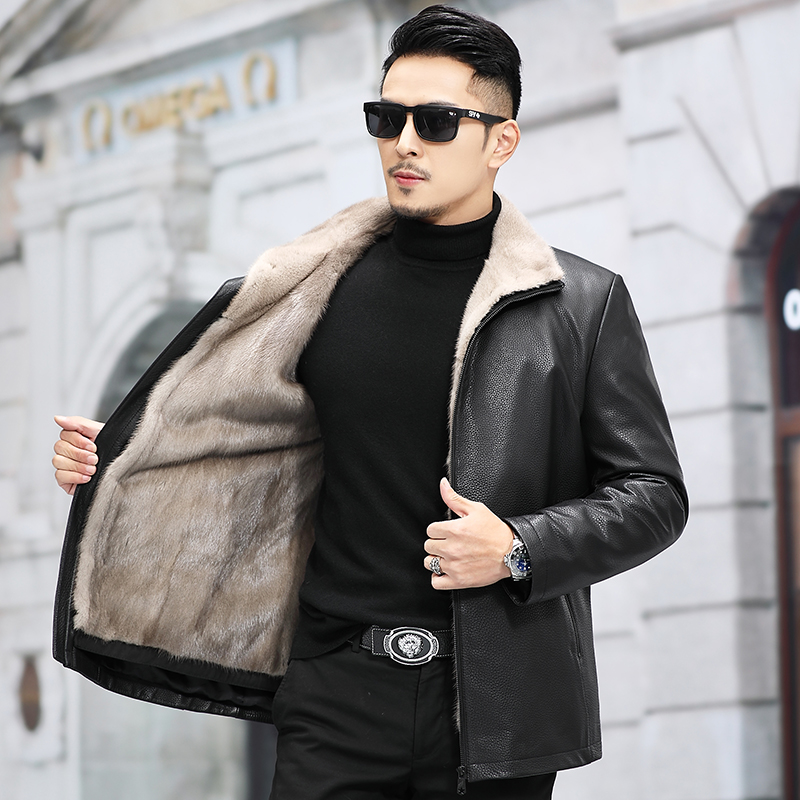 貂博士海宁皮衣男真皮牛皮鹿纹翻领短款水貂毛整貂内胆中年皮外套